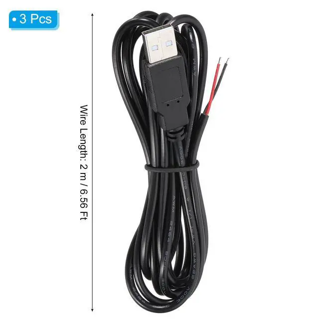 Alt view image 2 of 5 - PATIKIL 6.56Ft USB 2.0 Male to 2 Pin Bare Wire Pigtail Cable, 3pcs 22AWG Power Cords Extension Connector Adapter for Charging Equipment DIY Repair, Black
