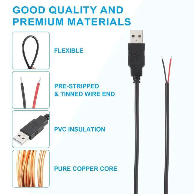 Alt view image 3 of 5 - PATIKIL 6.56Ft USB 2.0 Male to 2 Pin Bare Wire Pigtail Cable, 3pcs 22AWG Power Cords Extension Connector Adapter for Charging Equipment DIY Repair, Black