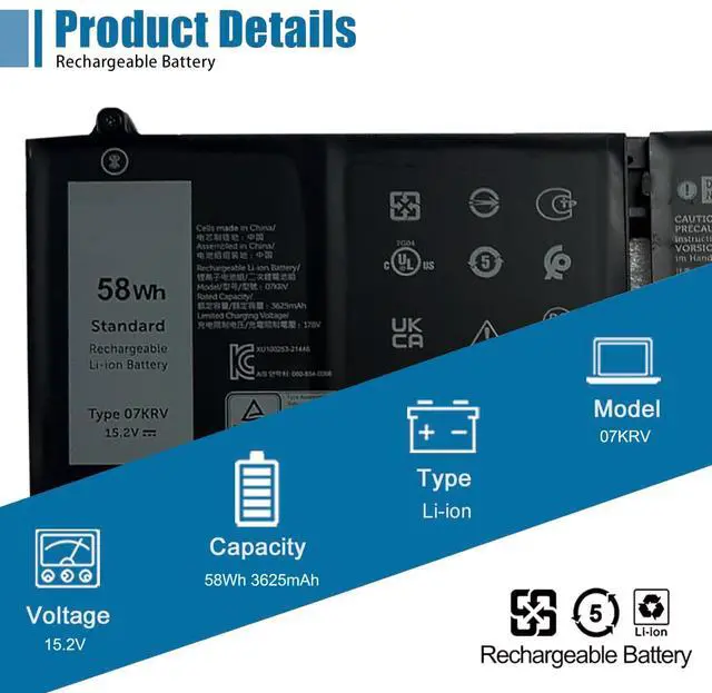 Alt view image 2 of 5 - VANPIR 07KRV Laptop Battery Replacement for Dell Latitude 5430 5530 Precision 3570 P104F P104F005 P137G P137G004 Series M69D0 H4PVC 0H4PVC Y86WG 0Y86WG 08WRCR 078FWY 15.2V 58Wh 3625mAh