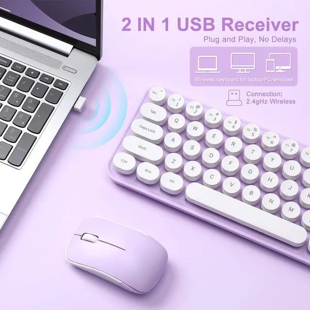 Alt view image 3 of 5 - MIKIBY i68 Wireless Typewriter Keyboard and Mouse Combo,Purple Keyboard with 2.4GHz Connection, Cute Retro Aesthetic Design Round Keycaps for Tablet, Phone, PC and Win/Mac/Android(Purple)