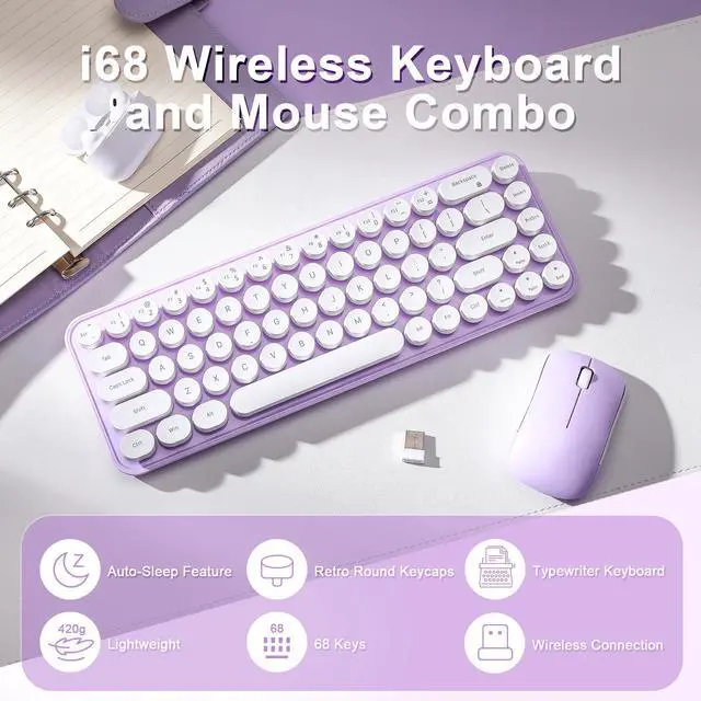 Alt view image 2 of 5 - MIKIBY i68 Wireless Typewriter Keyboard and Mouse Combo,Purple Keyboard with 2.4GHz Connection, Cute Retro Aesthetic Design Round Keycaps for Tablet, Phone, PC and Win/Mac/Android(Purple)