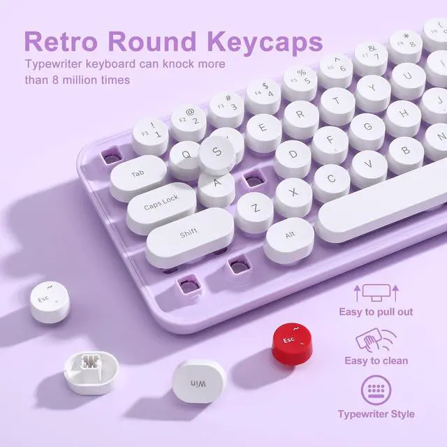 Alt view image 4 of 5 - MIKIBY i68 Wireless Typewriter Keyboard and Mouse Combo,Purple Keyboard with 2.4GHz Connection, Cute Retro Aesthetic Design Round Keycaps for Tablet, Phone, PC and Win/Mac/Android(Purple)
