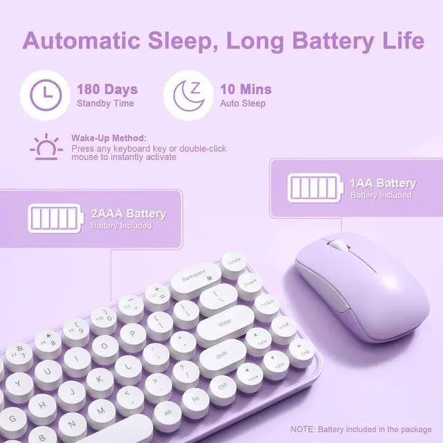 Alt view image 5 of 5 - MIKIBY i68 Wireless Typewriter Keyboard and Mouse Combo,Purple Keyboard with 2.4GHz Connection, Cute Retro Aesthetic Design Round Keycaps for Tablet, Phone, PC and Win/Mac/Android(Purple)