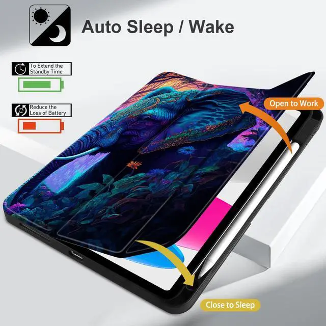 Alt view image 3 of 5 - MEEgoodo Case for iPad A16 11th Generation 11 inch 2025/iPad 10th Generation 10.9 inch 2022, Tablet Cover with Trifold Stand + Pencil Holder + Auto Wake/Sleep + Soft TPU Back Cover, Elephants