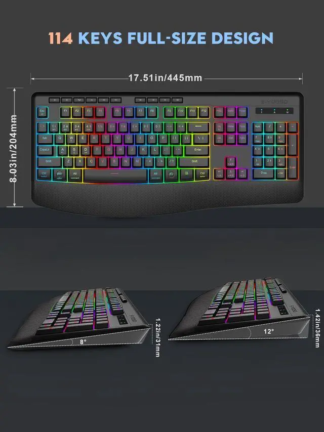 Alt view image 3 of 5 - E-YOOSO RGB Wireless Keyboard, 3-Mode (2.4G/BT/USB), 9 Effects Backlits, Light Up Letters, Rechargeable Ergonomic Computer Silent Keyboard with Wrist Rest for Windows, Mac, PC, Laptop, Games