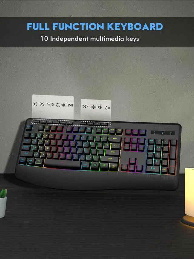 Alt view image 2 of 5 - E-YOOSO RGB Wireless Keyboard, 3-Mode (2.4G/BT/USB), 9 Effects Backlits, Light Up Letters, Rechargeable Ergonomic Computer Silent Keyboard with Wrist Rest for Windows, Mac, PC, Laptop, Games