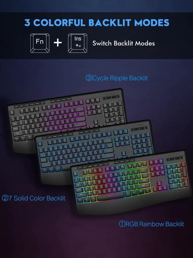 Alt view image 5 of 5 - E-YOOSO RGB Wireless Keyboard, 3-Mode (2.4G/BT/USB), 9 Effects Backlits, Light Up Letters, Rechargeable Ergonomic Computer Silent Keyboard with Wrist Rest for Windows, Mac, PC, Laptop, Games