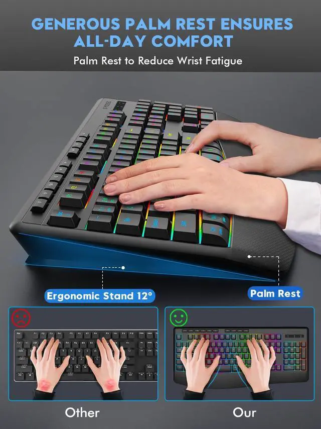 Alt view image 4 of 5 - E-YOOSO RGB Wireless Keyboard, 3-Mode (2.4G/BT/USB), 9 Effects Backlits, Light Up Letters, Rechargeable Ergonomic Computer Silent Keyboard with Wrist Rest for Windows, Mac, PC, Laptop, Games