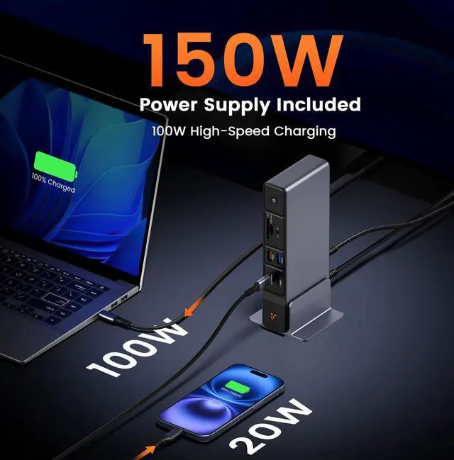Alt view image 3 of 5 - TobenONE USB C Docking Station 3 Monitors, 18-in-1 Triple 4K Display, 150W Power Adapter with 20W Fast Charging, 8 USB Ports up to 10Gbps, 2 HDMI/DP/USB C, for Windows/Chrome OS