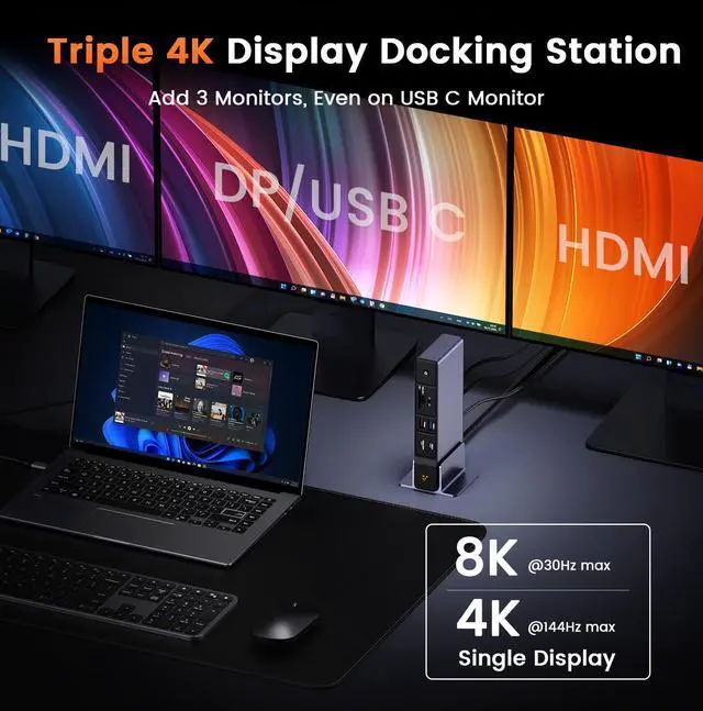 Alt view image 5 of 5 - TobenONE USB C Docking Station 3 Monitors, 18-in-1 Triple 4K Display, 150W Power Adapter with 20W Fast Charging, 8 USB Ports up to 10Gbps, 2 HDMI/DP/USB C, for Windows/Chrome OS