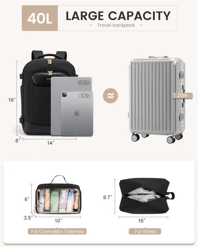 Alt view image 4 of 5 - LOVEVOOK 40L Travel Backpack for Women Men, Large Carry on Backpack for Airplanes TSA Personal Item Travel Bag fits 15.6" Laptop, Waterproof Weekender Essentials Airline Approved with 2 Packing Cubes