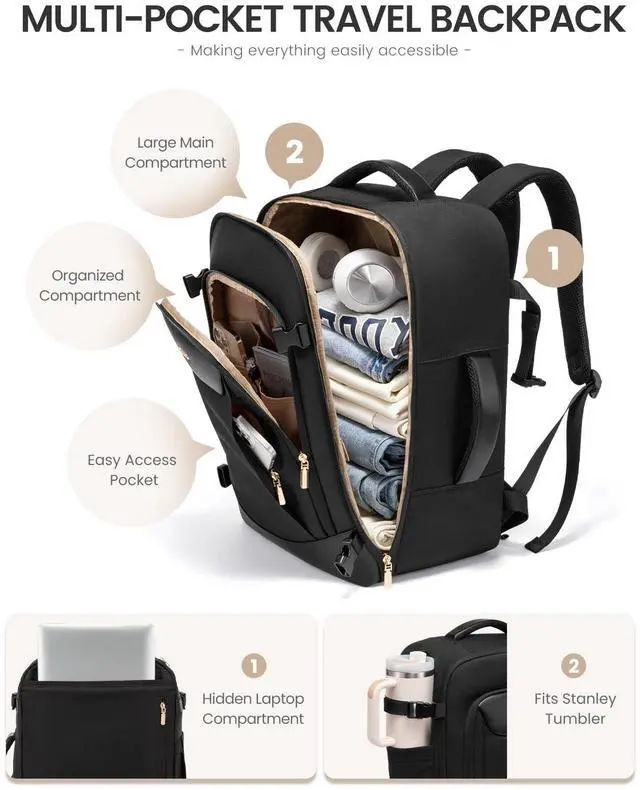 Alt view image 5 of 5 - LOVEVOOK 40L Travel Backpack for Women Men, Large Carry on Backpack for Airplanes TSA Personal Item Travel Bag fits 15.6" Laptop, Waterproof Weekender Essentials Airline Approved with 2 Packing Cubes