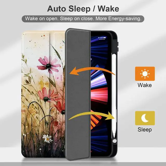 Alt view image 3 of 5 - Batianda Case for iPad Pro 11-inch 2022 4th M2 Chip /2021 (3rd Generation) / iPad Pro 11" 2nd Gen 2020 [Built-in Pencil Holder] Shockproof Cover with Clear Back Shell TPU Bumper, Field of Flowers