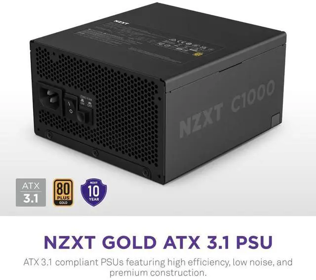 Alt view image 2 of 5 - NZXT C1000 Gold ATX 3.1 - Fully Modular Low-Noise PC Gaming Power Supply - 1000 Watts - 80 Plus Gold - 12V-2x6 Connector - Zero Fan Mode - 100% Japanese Capacitors - Black