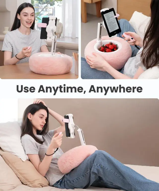 Alt view image 2 of 5 - VOLTIFYMAX Tablet Pillow Stand with Kindle Page Turner for Reading in Bed, 360°Adjustable iPad Holder with Snack Bowl, ComPatible with 4.7''-13''Kindle Accessories/Paperwhite/iPad/iPhone/Samsung, Pink