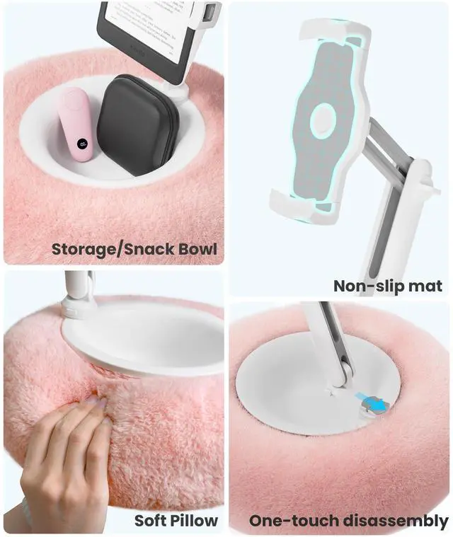 Alt view image 4 of 5 - VOLTIFYMAX Tablet Pillow Stand with Kindle Page Turner for Reading in Bed, 360°Adjustable iPad Holder with Snack Bowl, ComPatible with 4.7''-13''Kindle Accessories/Paperwhite/iPad/iPhone/Samsung, Pink