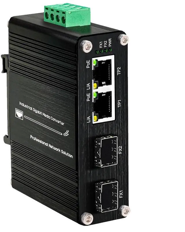 Main image of Mini 2-Port PoE Gigabit Ethernet Switch with Dual SFP Ports - Industrial-Grade Unmanaged Switch, 12~48VDC Input, 30W PoE+, Din-Rail or Wall Mount,Fast Connection,Plug and Play,Rugged Metal Case