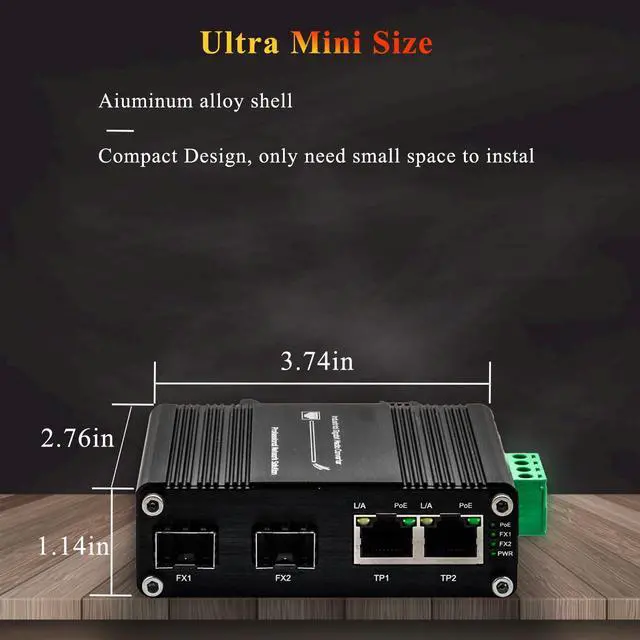 Alt view image 2 of 5 - Mini 2-Port PoE Gigabit Ethernet Switch with Dual SFP Ports - Industrial-Grade Unmanaged Switch, 12~48VDC Input, 30W PoE+, Din-Rail or Wall Mount,Fast Connection,Plug and Play,Rugged Metal Case