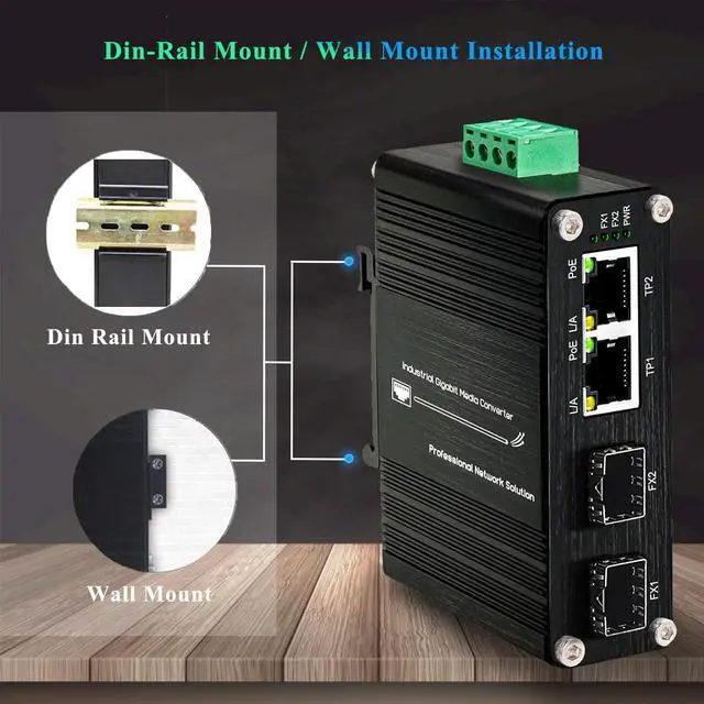 Alt view image 3 of 5 - Mini 2-Port PoE Gigabit Ethernet Switch with Dual SFP Ports - Industrial-Grade Unmanaged Switch, 12~48VDC Input, 30W PoE+, Din-Rail or Wall Mount,Fast Connection,Plug and Play,Rugged Metal Case