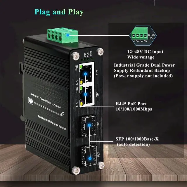 Alt view image 5 of 5 - Mini 2-Port PoE Gigabit Ethernet Switch with Dual SFP Ports - Industrial-Grade Unmanaged Switch, 12~48VDC Input, 30W PoE+, Din-Rail or Wall Mount,Fast Connection,Plug and Play,Rugged Metal Case