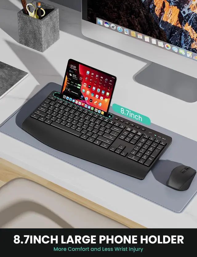 Alt view image 3 of 5 - Ergonomic Wireless Keyboard and Mouse Combo,LIZRROT 2.4GHz Silent Full-Size Mouse and Keyboard,Wrist Rest,Phone Holder,Compatible with Windows, PCs, Laptops