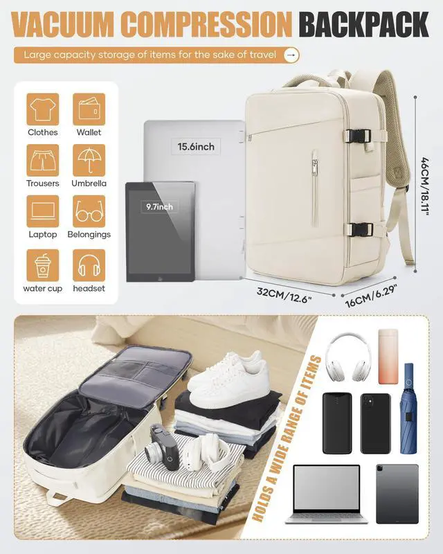 Alt view image 2 of 5 - Travel Vacuum Backpack Air Vacpack Seal Packing Backpack with Pump Storage Vacuum Compression Seal Bags Carrry on Flight Approved Personal Item Compression Laptop Work Back Pack Beige