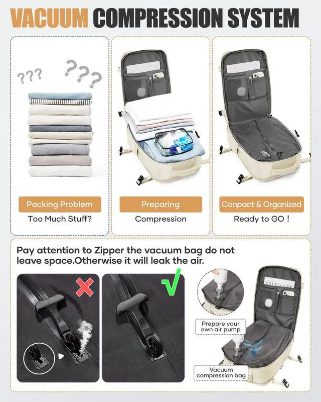 Alt view image 5 of 5 - Travel Vacuum Backpack Air Vacpack Seal Packing Backpack with Pump Storage Vacuum Compression Seal Bags Carrry on Flight Approved Personal Item Compression Laptop Work Back Pack Beige