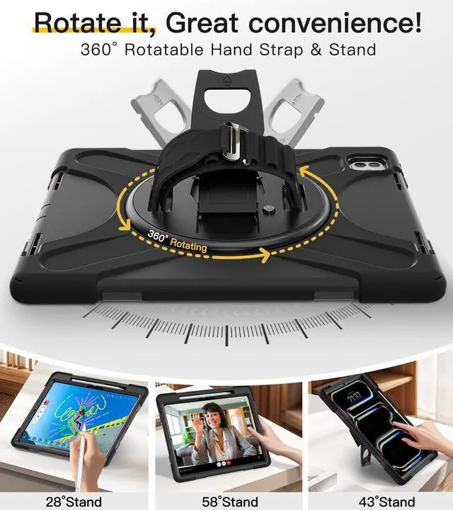 Alt view image 4 of 5 - BRAECN for iPad Pro 13 inch Case 2024 M4 Heavy Duty Shockproof Protective with Pencil Holder Screen Protector 360°Rotating Stand Handle & Shoulder Strap Full Body Cover Kids Friendly