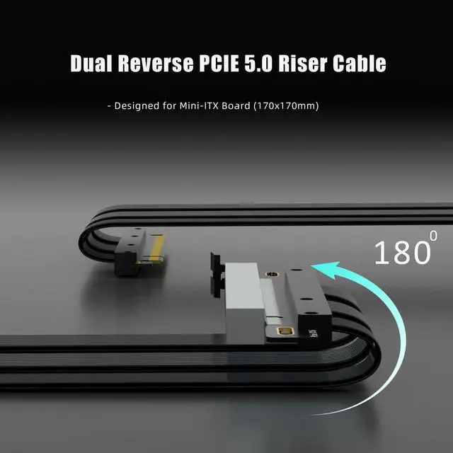 Alt view image 3 of 5 - GLOTRENDS Double Reverse PCIE 5.0 Riser Cable for Mini-ITX Motherboard (170x170mm) Installation, RTX5090(Ti) RX9070(XT) GPU Ready, Length 185mm, Black Color