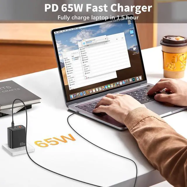 Alt view image 2 of 5 - 65W for HP Laptop Charger, One-for-all Upgraded GaN 3-Port PD Fast Charging Wall Block USB A+ for Lightning Cable+Type C Adapter for Lenovo Asus Chromebook with 6FT USB C Cord Home Office School Black