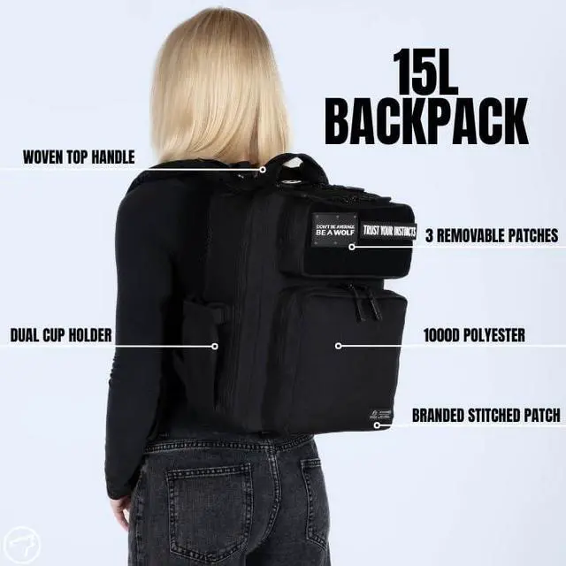 Alt view image 2 of 5 - WOLFpak 15L Slim Tactical Gym Backpack - Durable 1000D Waterproof Oxford Material | Minimalist Daypack w/Laptop Pocket & Dual Cup Holders | Great for Travel & Everday Carry | (Alpha Black)