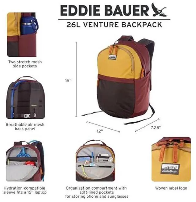 Alt view image 2 of 5 - Eddie Bauer 26L Venture Backpack, Hydration and Laptop Compatible Daypack, Carbon Black