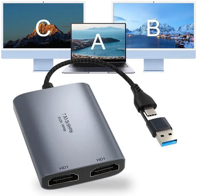 Main image of USB C to Dual HDMI Adapter, 1080P 60Hz Multi-Monitor Splitter for MacBook/PC/Laptop - USB-A/USB-C to 2 HDMI Ports, Aluminum Docking Station, Audio Sync, Windows/macOS Software Control