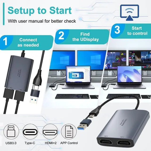 Alt view image 4 of 5 - USB C to Dual HDMI Adapter, 1080P 60Hz Multi-Monitor Splitter for MacBook/PC/Laptop - USB-A/USB-C to 2 HDMI Ports, Aluminum Docking Station, Audio Sync, Windows/macOS Software Control