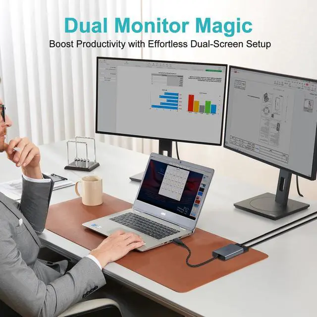 Alt view image 5 of 5 - USB C to Dual HDMI Adapter, 1080P 60Hz Multi-Monitor Splitter for MacBook/PC/Laptop - USB-A/USB-C to 2 HDMI Ports, Aluminum Docking Station, Audio Sync, Windows/macOS Software Control