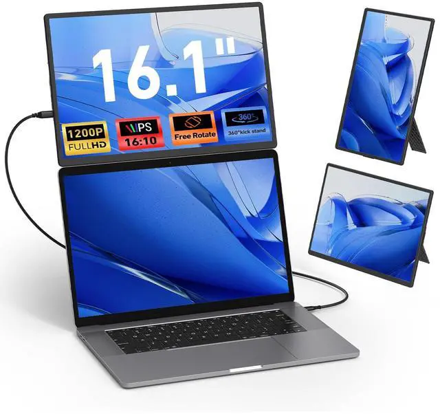 Main image of Laptop Screen Extender Monitor Portable - 16.1'' FHD 1200P Portable Screen for Laptops, 360° Rotating, Plug & Play, Detachable Stand, Height Adjustable Laptop Monitor Extender for Mac/Win/Phone/Tablet
