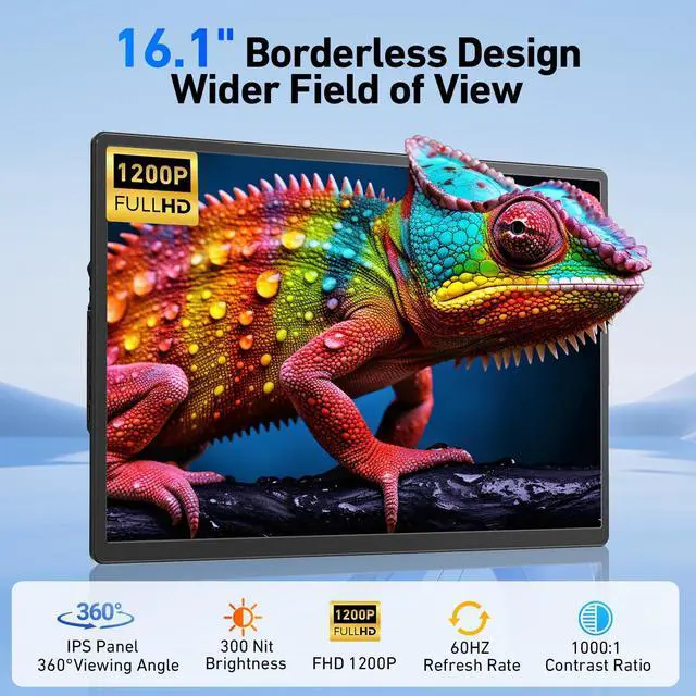 Alt view image 2 of 5 - Laptop Screen Extender Monitor Portable - 16.1'' FHD 1200P Portable Screen for Laptops, 360° Rotating, Plug & Play, Detachable Stand, Height Adjustable Laptop Monitor Extender for Mac/Win/Phone/Tablet