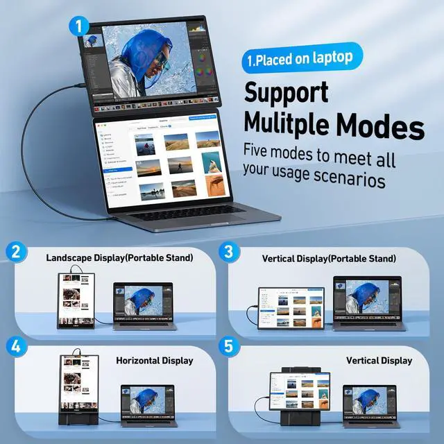 Alt view image 3 of 5 - Laptop Screen Extender Monitor Portable - 16.1'' FHD 1200P Portable Screen for Laptops, 360° Rotating, Plug & Play, Detachable Stand, Height Adjustable Laptop Monitor Extender for Mac/Win/Phone/Tablet