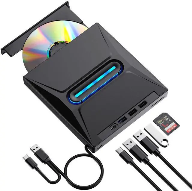 Main image of External CD DVD Drive with 4 USB Ports and 2 Type-c Ports and 1 TF/SD Card Slot,USB 3.0 Portable CD Disc Drive Player Burner Reader Writer for Laptop MacBook Desktop PC Windows 11/10/8/7 Linux Mac OS