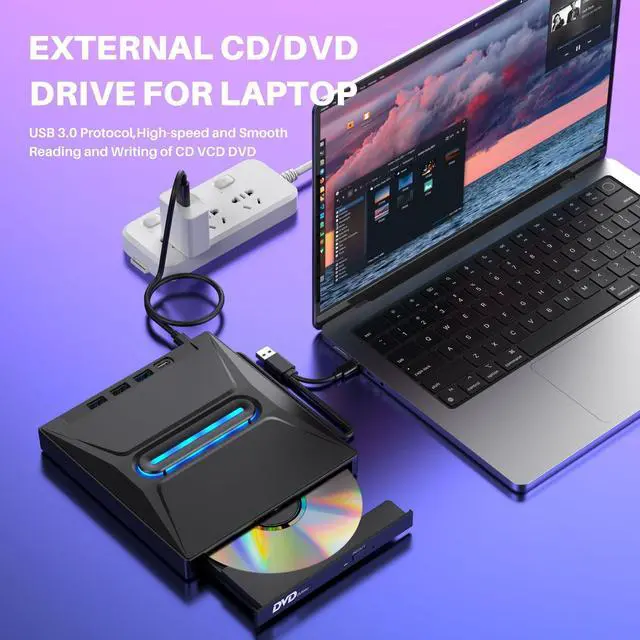 Alt view image 4 of 5 - External CD DVD Drive with 4 USB Ports and 2 Type-c Ports and 1 TF/SD Card Slot,USB 3.0 Portable CD Disc Drive Player Burner Reader Writer for Laptop MacBook Desktop PC Windows 11/10/8/7 Linux Mac OS