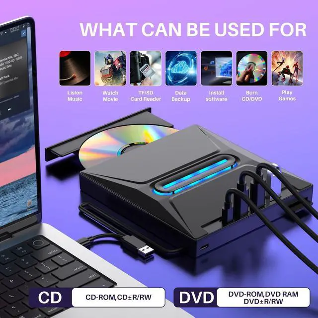 Alt view image 5 of 5 - External CD DVD Drive with 4 USB Ports and 2 Type-c Ports and 1 TF/SD Card Slot,USB 3.0 Portable CD Disc Drive Player Burner Reader Writer for Laptop MacBook Desktop PC Windows 11/10/8/7 Linux Mac OS