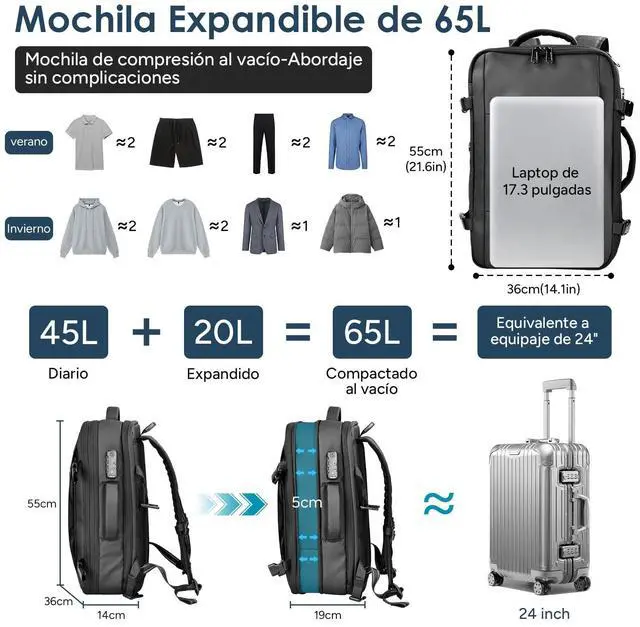 Alt view image 2 of 5 - travel inspira Vacuum Compression Backpack 65L, Carry On Backpack with Electric Pump, TSA Lock, Water Resistant, Laptop Compartment for Travel, Camping, Business, Weekend Trips