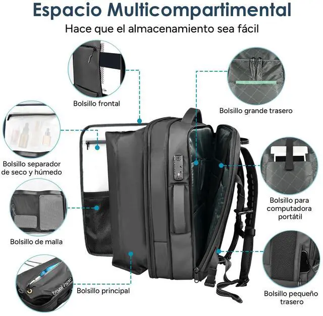 Alt view image 3 of 5 - travel inspira Vacuum Compression Backpack 65L, Carry On Backpack with Electric Pump, TSA Lock, Water Resistant, Laptop Compartment for Travel, Camping, Business, Weekend Trips