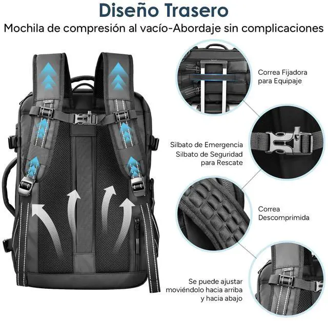 Alt view image 4 of 5 - travel inspira Vacuum Compression Backpack 65L, Carry On Backpack with Electric Pump, TSA Lock, Water Resistant, Laptop Compartment for Travel, Camping, Business, Weekend Trips