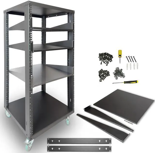 Main image of AxcessAbles 22U Open Frame Network & AV Rack with Caster Wheels, Three 2U Shelves, 10-32 & Cage Nut Compatible Rails, Cage Nuts, Screws, Cage Nut Tool & Wall Mount Kit | 19-Inch Equipment Rack