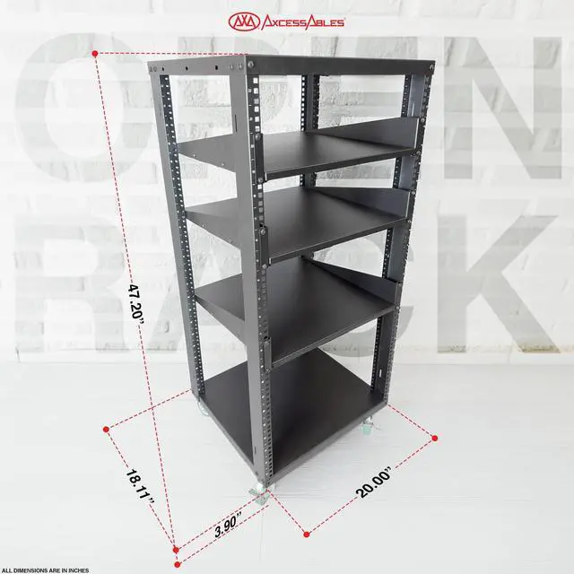 Alt view image 2 of 5 - AxcessAbles 22U Open Frame Network & AV Rack with Caster Wheels, Three 2U Shelves, 10-32 & Cage Nut Compatible Rails, Cage Nuts, Screws, Cage Nut Tool & Wall Mount Kit | 19-Inch Equipment Rack