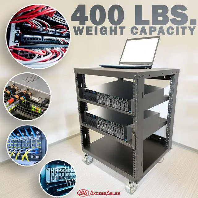 Alt view image 3 of 5 - AxcessAbles 22U Open Frame Network & AV Rack with Caster Wheels, Three 2U Shelves, 10-32 & Cage Nut Compatible Rails, Cage Nuts, Screws, Cage Nut Tool & Wall Mount Kit | 19-Inch Equipment Rack