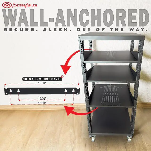 Alt view image 4 of 5 - AxcessAbles 22U Open Frame Network & AV Rack with Caster Wheels, Three 2U Shelves, 10-32 & Cage Nut Compatible Rails, Cage Nuts, Screws, Cage Nut Tool & Wall Mount Kit | 19-Inch Equipment Rack