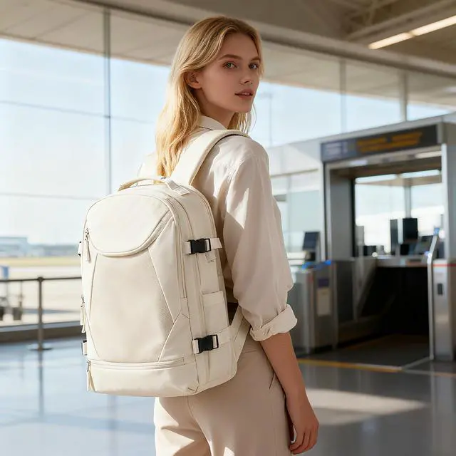 Alt view image 2 of 5 - Vacuum Backpack Travel with Pump, Expandable Travel Backpack with Vacuum System, Vacuum Compression Bags Personal Item Carry On Suitcase Luggage Flight Approved Backpacks for Women Men, Beige