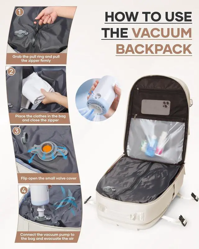 Alt view image 5 of 5 - Vacuum Backpack Travel with Pump, Expandable Travel Backpack with Vacuum System, Vacuum Compression Bags Personal Item Carry On Suitcase Luggage Flight Approved Backpacks for Women Men, Beige